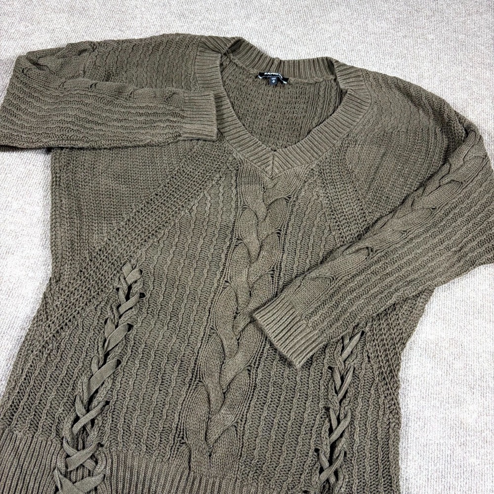 Express Sweater Womens Medium Olive Green Cotton Cable Knit Lace Up V Neck Cozy